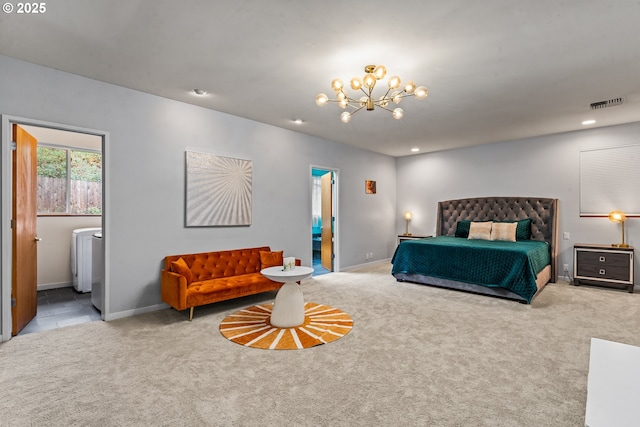 carpeted bedroom with a chandelier, baseboards, and recessed lighting