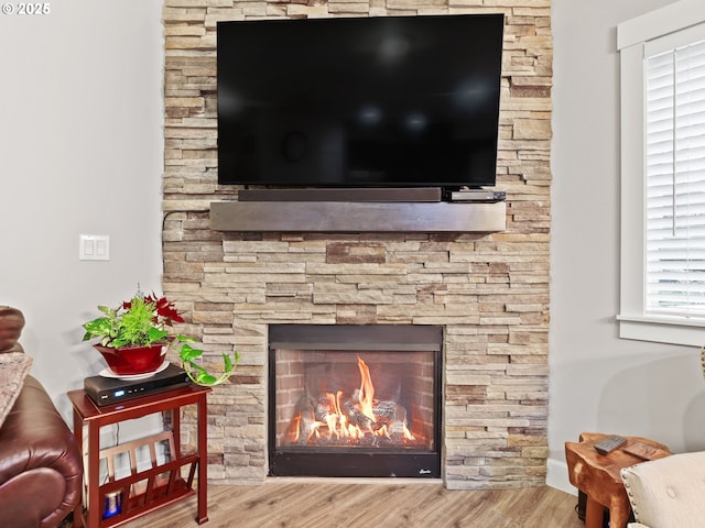 interior details with wood-type flooring and a fireplace