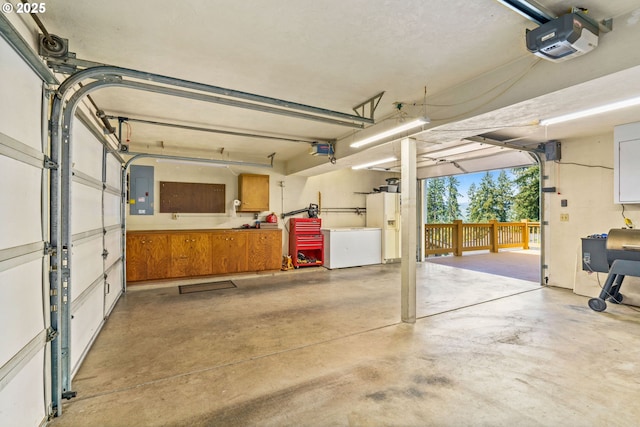 garage featuring a garage door opener and electric panel