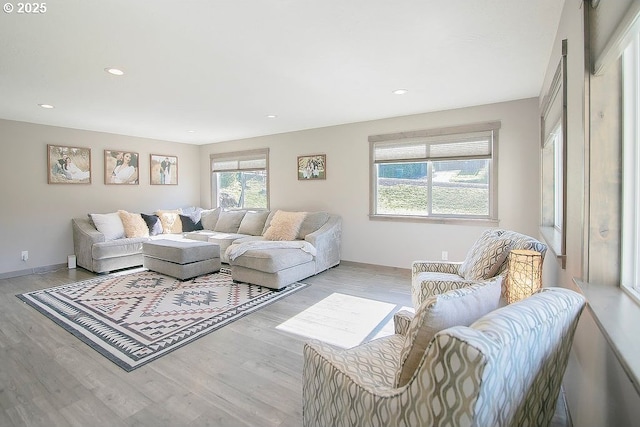 living area with recessed lighting and wood finished floors