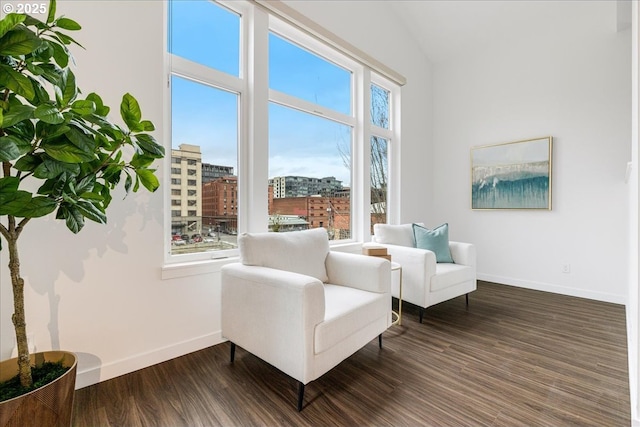 living area with a city view, a high ceiling, dark wood-style floors, and baseboards