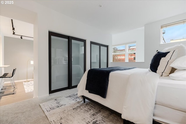 carpeted bedroom with baseboards and multiple closets