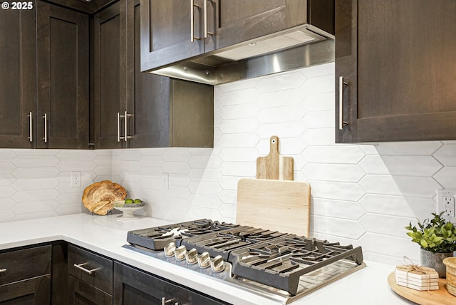 301 W 17th St, Lafayette, OR 97127 - kitchen with stainless steel gas stovetop, dark brown cabinets, tasteful backsplash, and light countertops