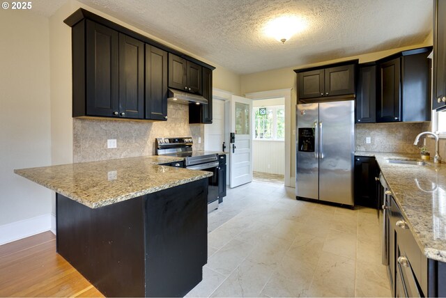 8113 SE Morrison St, Portland, OR 97215 - kitchen featuring stainless steel appliances, a sink, light stone counters, a peninsula, and a textured ceiling