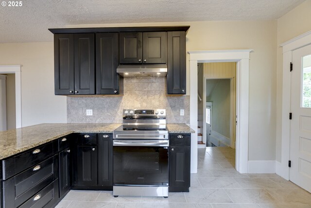 8113 SE Morrison St, Portland, OR 97215 - kitchen with electric range, under cabinet range hood, decorative backsplash, light stone counters, and a textured ceiling
