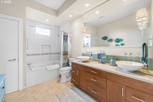 full bathroom with shower / bath combination with curtain, vanity, toilet, and tasteful backsplash