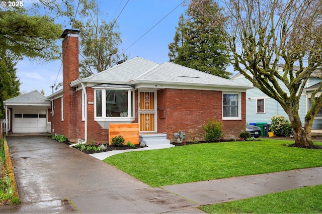 bungalow-style house featuring brick siding, concrete driveway, a front lawn, and a shingled roof