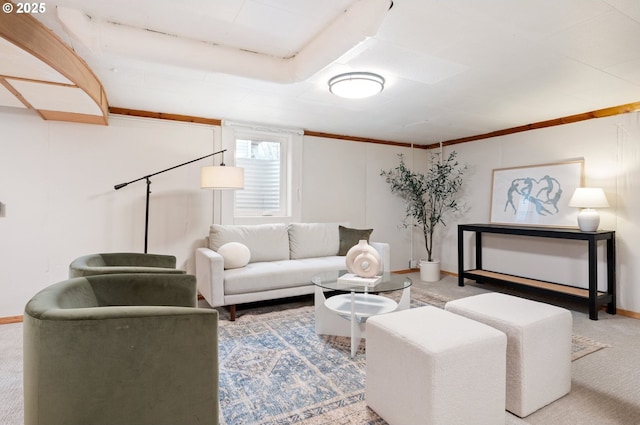 living room with baseboards and carpet floors