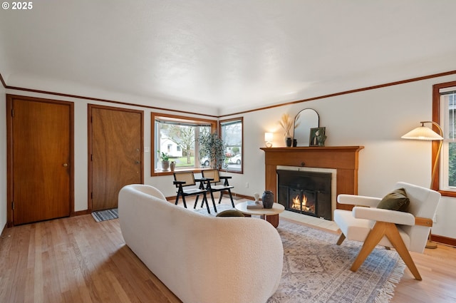 living room featuring a fireplace with flush hearth, baseboards, light wood finished floors, and ornamental molding