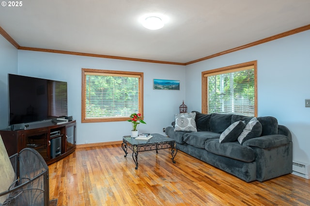 10001 SW 35th Ave, Portland, OR 97219 - living room with a baseboard radiator, hardwood / wood-style floors, and ornamental molding