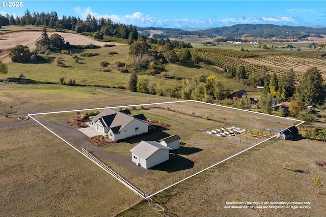 birds eye view of property featuring a mountain view and a rural view