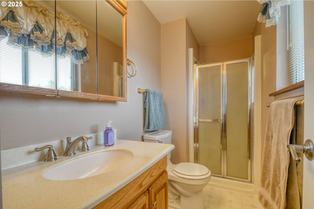 bathroom with toilet, a shower stall, and vanity