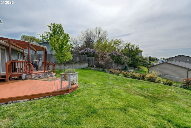 view of yard with a fenced backyard and a deck