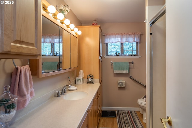 bathroom featuring vanity, hardwood / wood-style floors, a wealth of natural light, and toilet