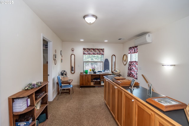 office area featuring dark colored carpet and a wall mounted air conditioner