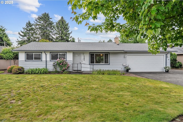 1202 NE 178th Ave, Portland, OR 97230 - ranch-style home featuring an attached garage, asphalt driveway, a chimney, a front lawn, and a shingled roof