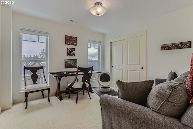 home office with light colored carpet