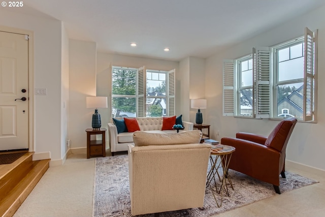 living room featuring light colored carpet