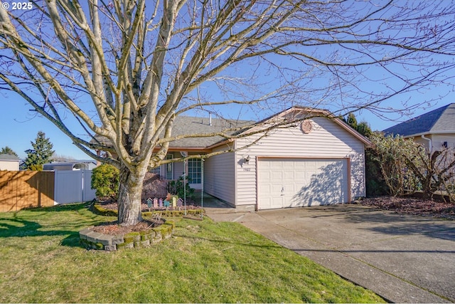 single story home with a garage and a front lawn