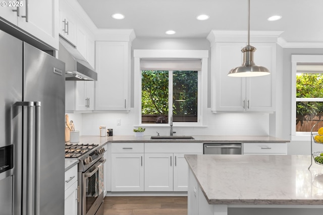 2516 N Watts St, Portland, OR 97217 - kitchen with stainless steel appliances, dark wood-type flooring, white cabinets, tasteful backsplash, and recessed lighting