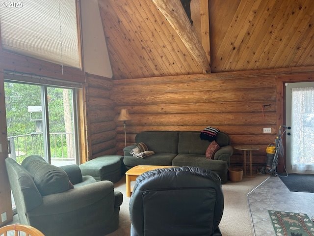 living room with high vaulted ceiling