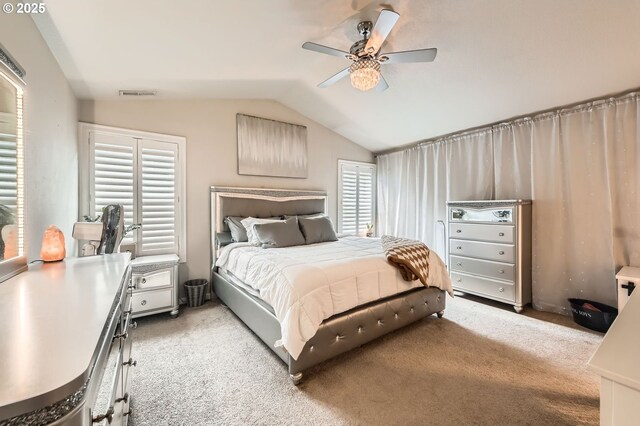 1225 NE Rockwell Dr, Estacada, OR 97023 - bedroom with light colored carpet, vaulted ceiling, and a ceiling fan