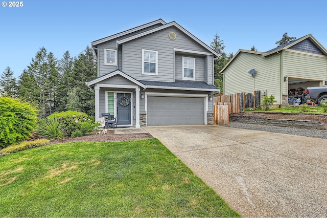 1225 NE Rockwell Dr, Estacada, OR 97023 - traditional home with a garage, concrete driveway, and stone siding