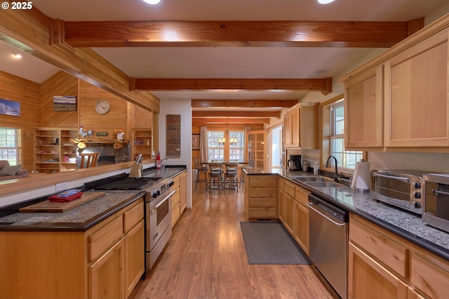 kitchen featuring appliances with stainless steel finishes, a sink, wood walls, plenty of natural light, and light brown cabinetry