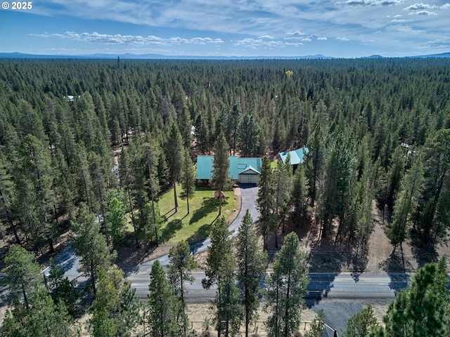 view of subject property with a heavily wooded area and a mountainous background