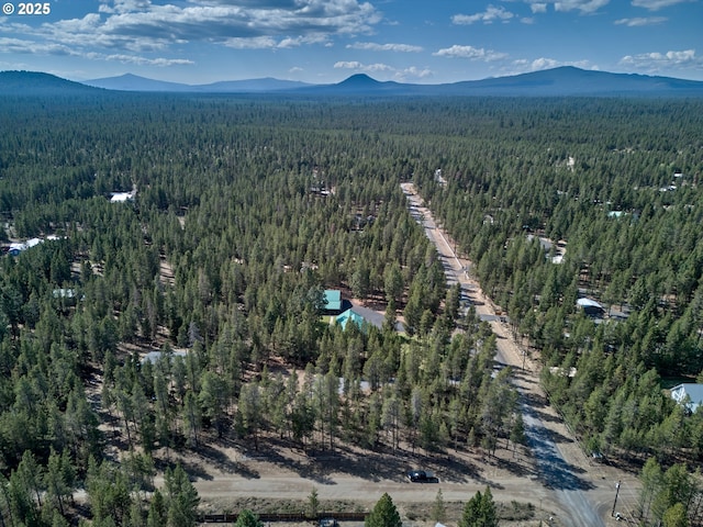 view of property location with a heavily wooded area and mountains
