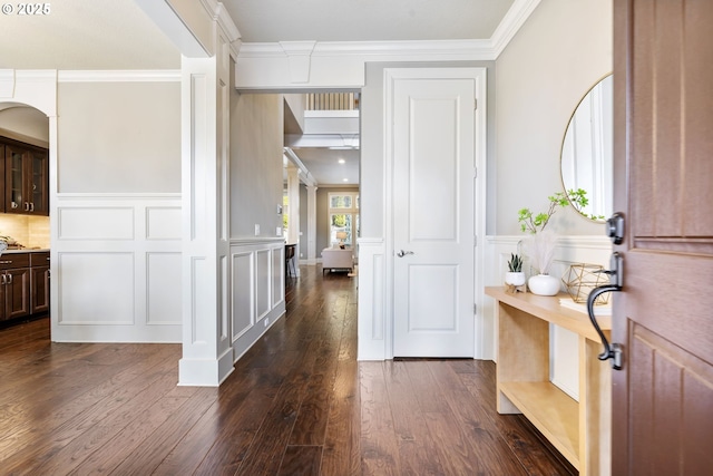 entrance foyer featuring crown molding, dark wood-style flooring, wainscoting, and a decorative wall