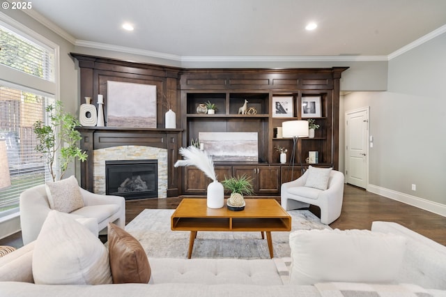 living room with a fireplace, ornamental molding, and dark wood-style flooring