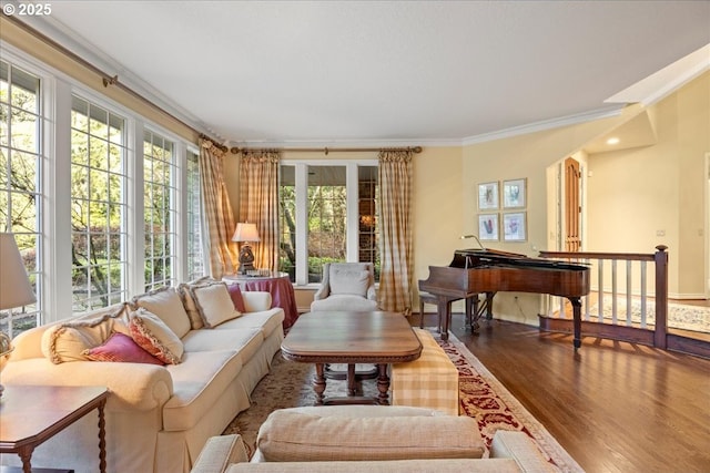 living room featuring hardwood / wood-style flooring, plenty of natural light, and crown molding