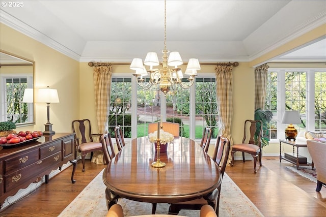 dining area featuring a healthy amount of sunlight, a raised ceiling, and wood finished floors