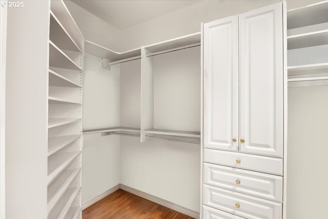 walk in closet with hardwood / wood-style floors