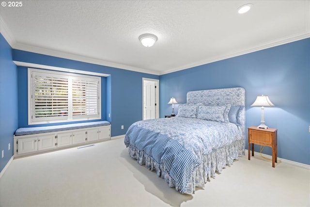 bedroom with carpet, a textured ceiling, and ornamental molding