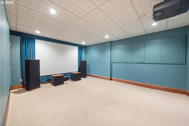 home theater room featuring recessed lighting, baseboards, and carpet flooring