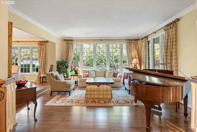 living area with crown molding, wood finished floors, and a textured ceiling