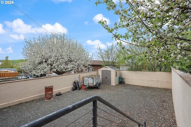 view of patio / terrace featuring a storage unit