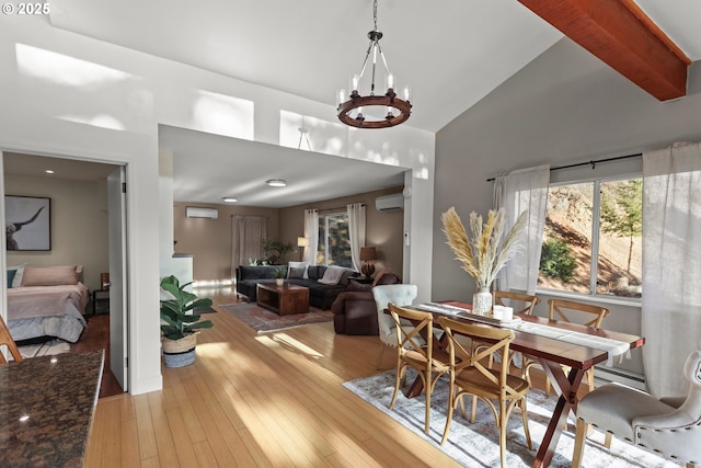 dining room with lofted ceiling with beams, an AC wall unit, hardwood / wood-style flooring, a baseboard heating unit, and a notable chandelier