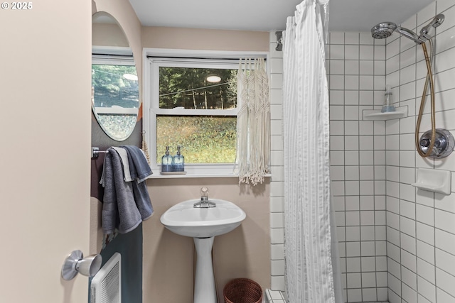 bathroom with plenty of natural light and a shower stall