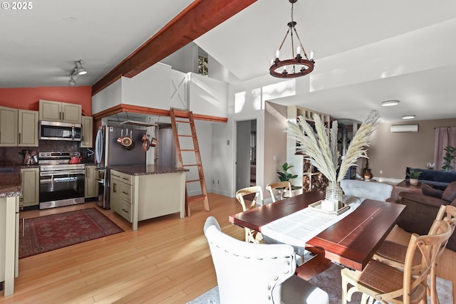 dining room featuring a wall unit AC, high vaulted ceiling, beam ceiling, light wood-type flooring, and a chandelier