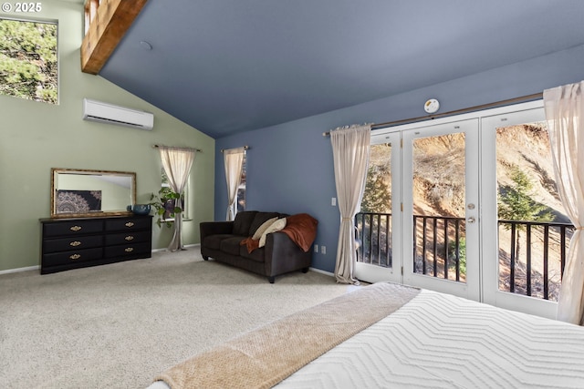 bedroom featuring access to exterior, multiple windows, a wall mounted AC, and carpet