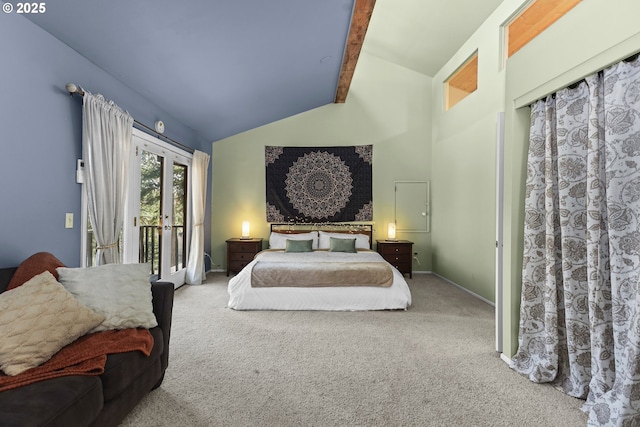 bedroom featuring carpet, beamed ceiling, french doors, high vaulted ceiling, and access to outside