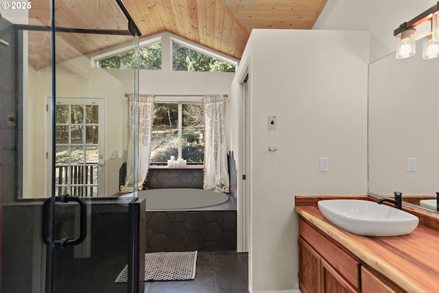 full bathroom with lofted ceiling, a garden tub, wooden ceiling, and vanity