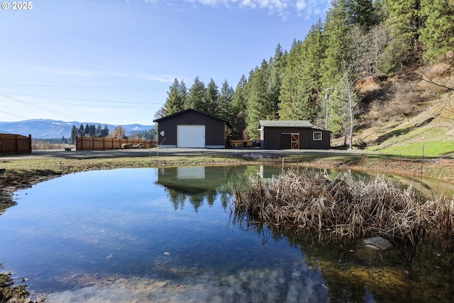 water view with a mountain view and fence