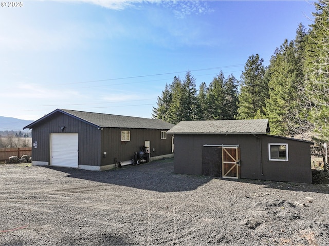 exterior space featuring an outbuilding and fence