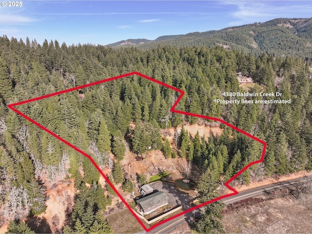 birds eye view of property featuring a mountain view and a view of trees