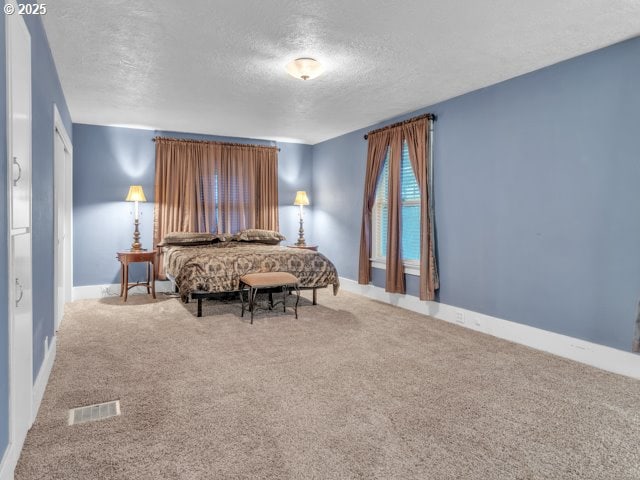 bedroom featuring visible vents, baseboards, carpet, and a textured ceiling