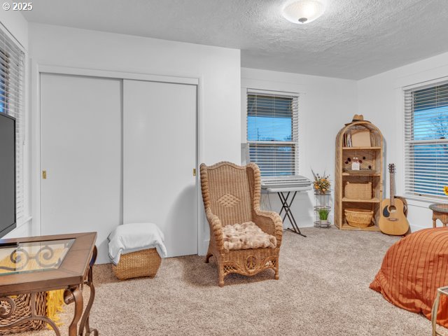 carpeted bedroom with a closet and a textured ceiling